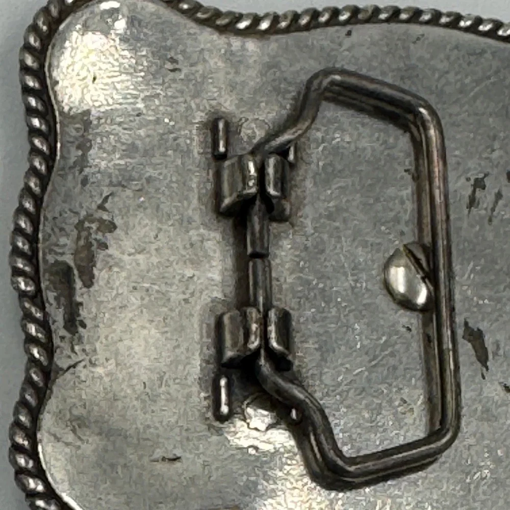 Western Horse Belt Buckle Silver Tone‎ Floral Engraved Rhinestone Border Rodeo